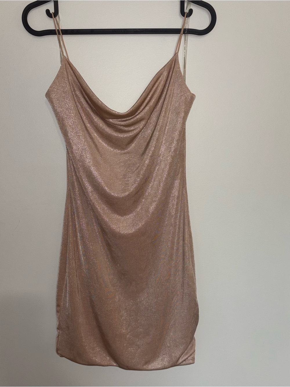 Metallic Rose Gold Cowl Neck Mini Dress